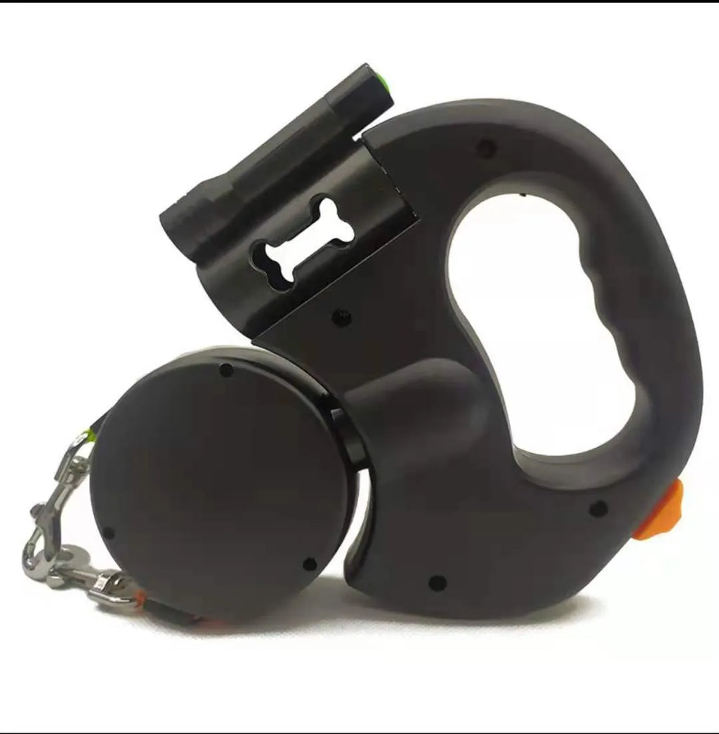 Dual retractable dog leash for small dogs with flashlight, poop bag slot, and 3-metre reflective rope.