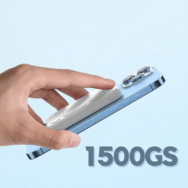 Magnetic wireless charging power bank with folding bracket showing capacity options and colour variations