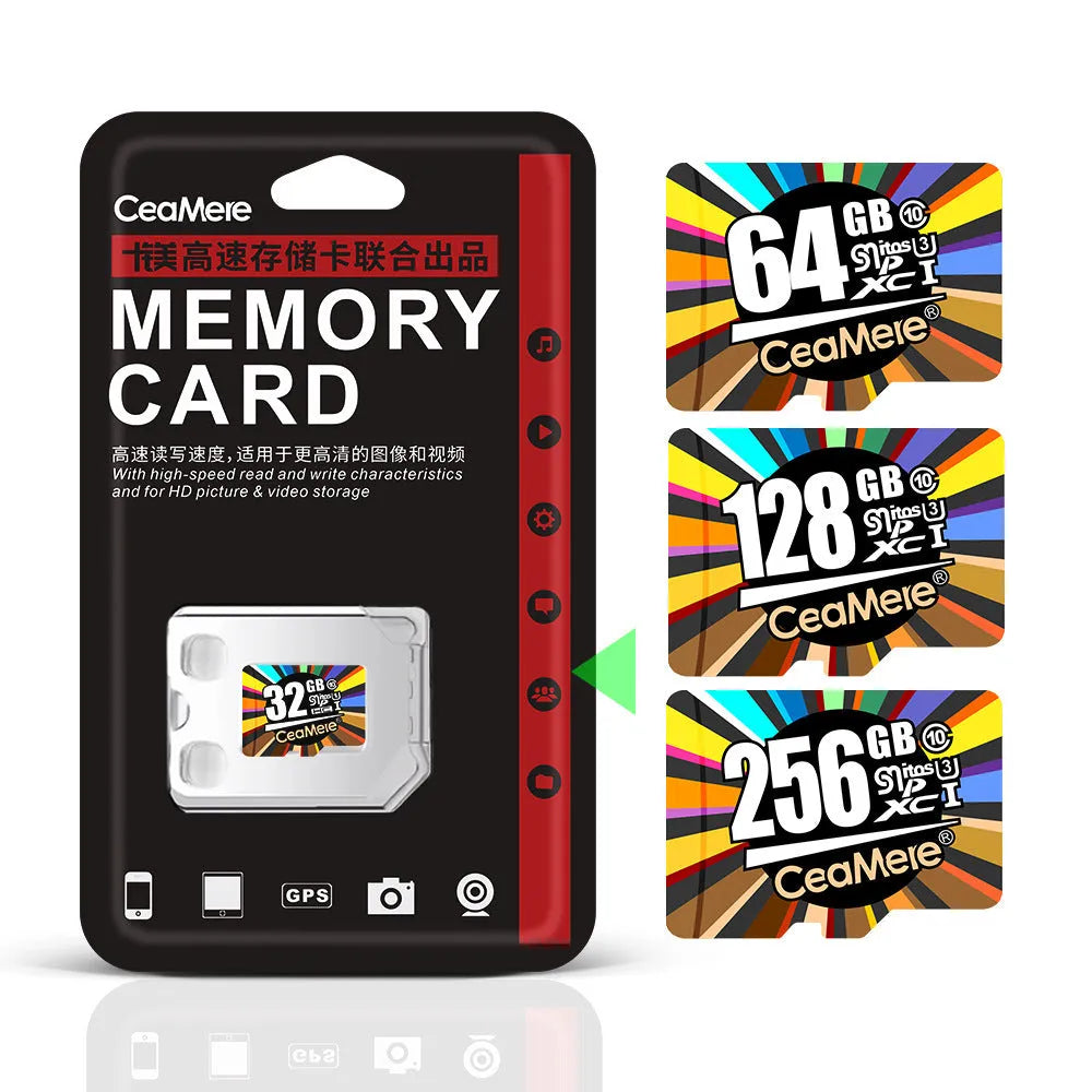 Class 10 memory card for smartphones, tablets, and dash cams, available in 8 GB to 256 GB capacities.