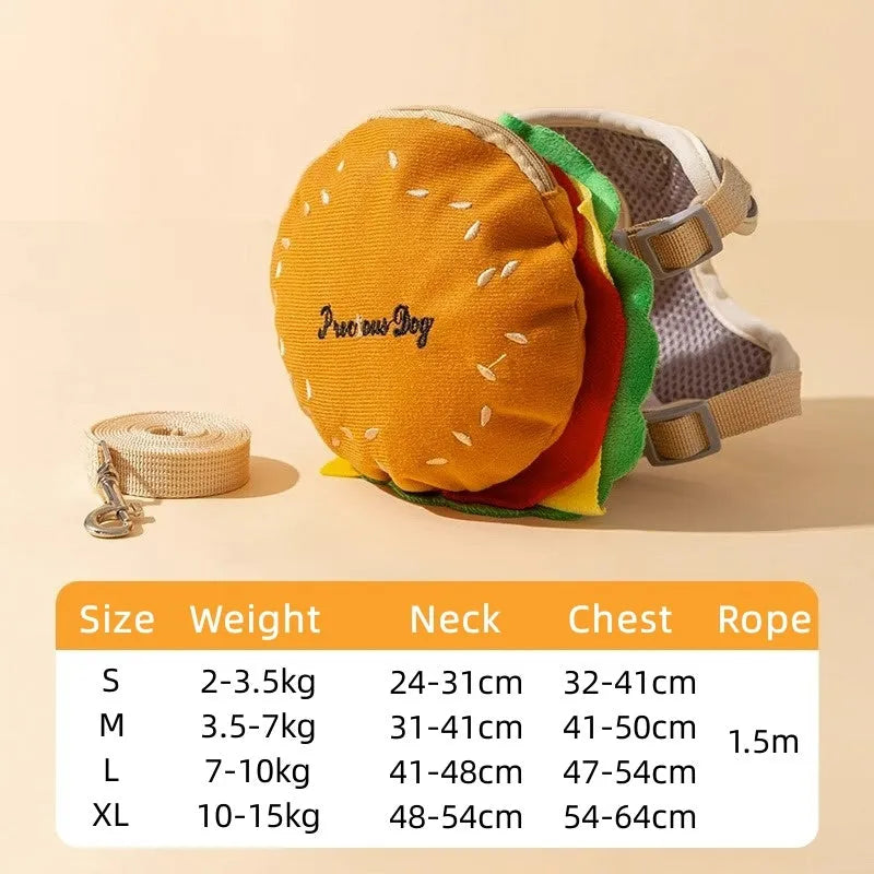 Cartoon hamburger and chips design adjustable escape-proof vest and leash set for dogs and cats