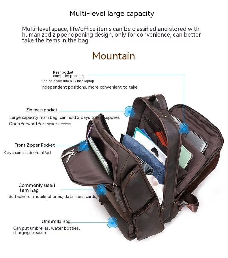 Dark brown genuine leather backpack for men showing embossed texture, double straps, and open compartments.