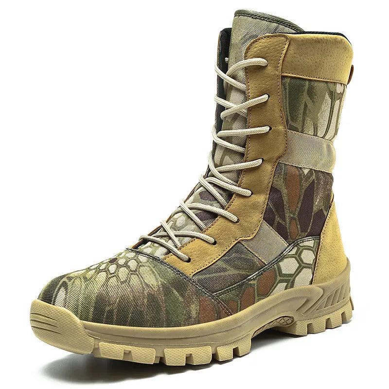Men's black and camouflage plus size high-top mesh combat boots with totem detail.