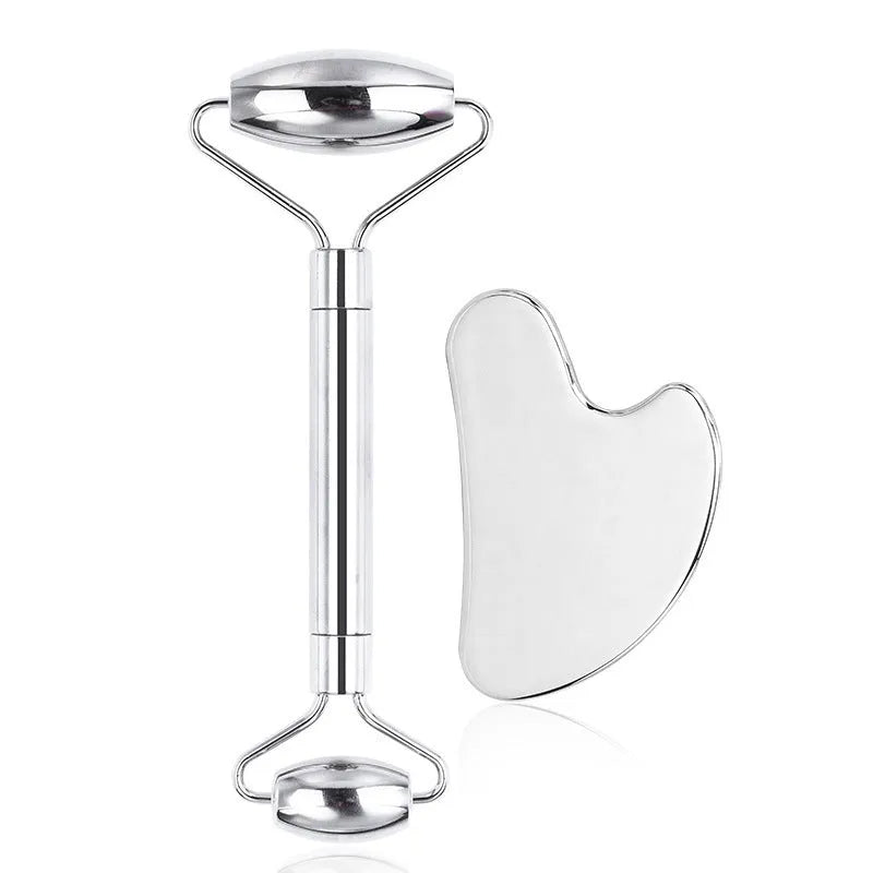 Stainless steel heart-shaped facial massage roller and 3cm scraping plate set for acupressure