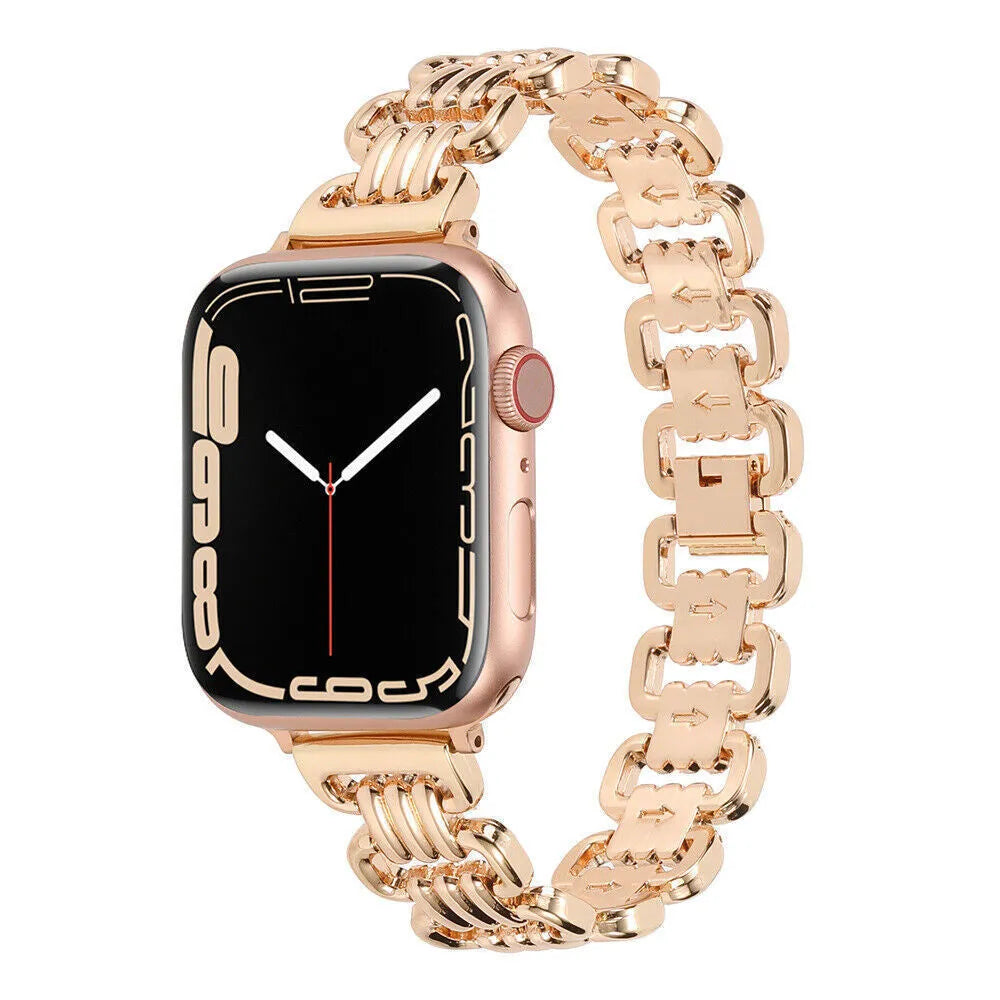 Silver alloy metal replacement bracelet strap for Apple Watch on a table.