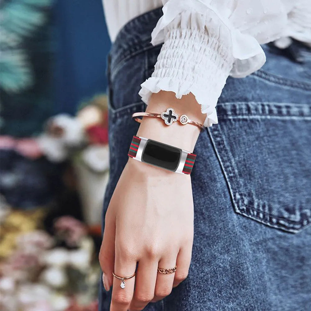 Printed elastic replacement watch strap for Fitbit Charge 6 in assorted colours on a white background