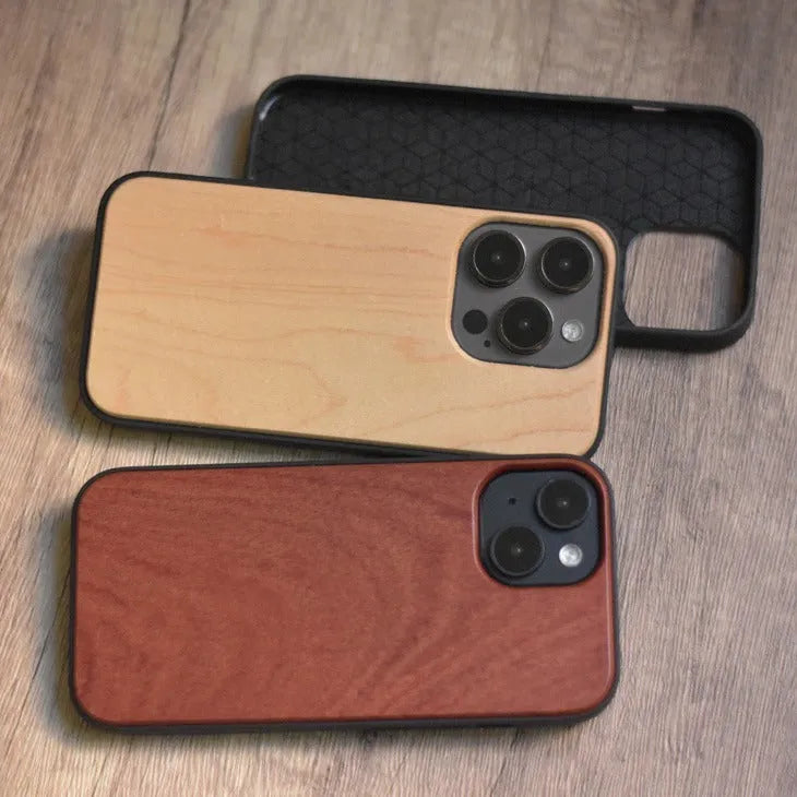 Solid wood shell phone case for iPhone 15 series with light wood finish and slim profile