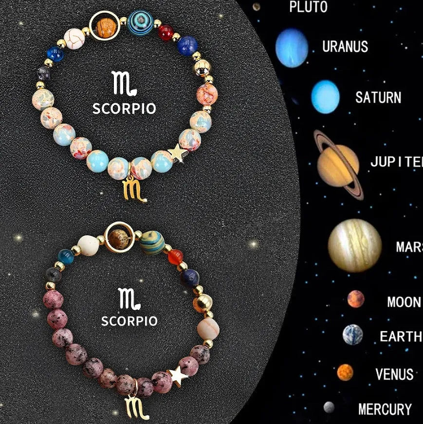 Two natural stone bead bracelets with engraved zodiac charms on a wrist, showing 8mm beads and elastic cord.