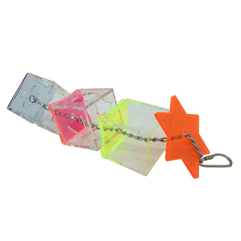 Clear acrylic bird foraging toy tube, 32 cm long, for hiding treats for parrots.