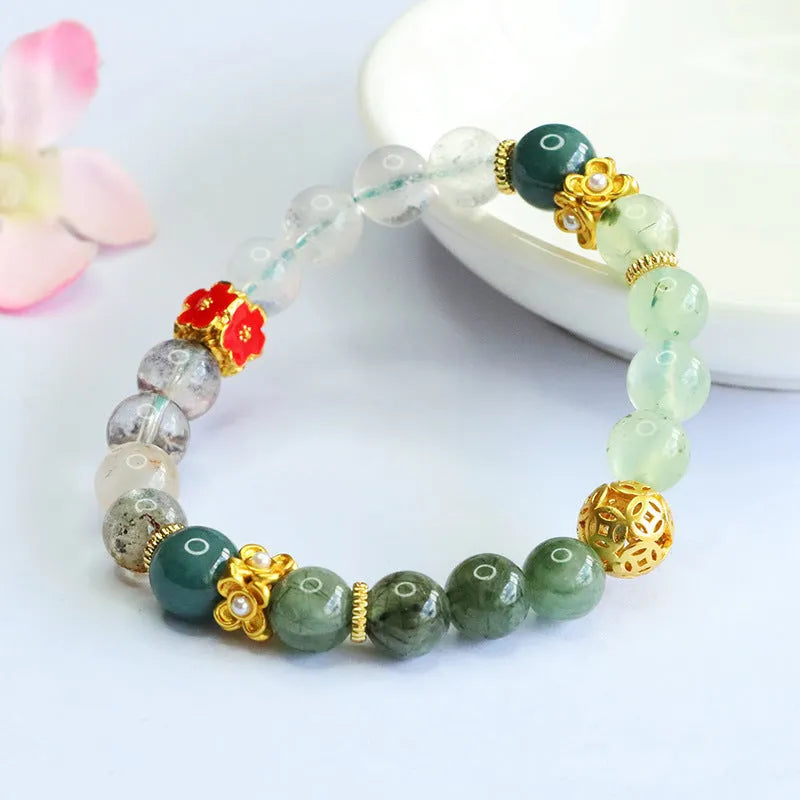 Natural green quartz rutilated duobao crystal bracelet with 8mm beads in Chinese style