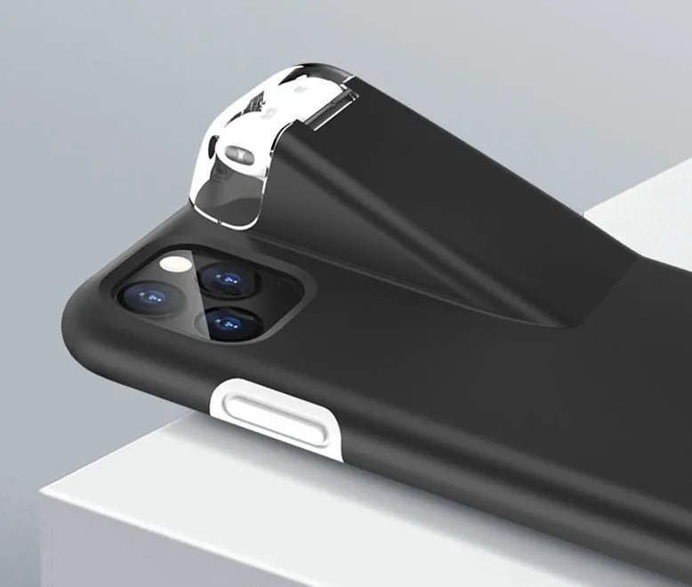 Black matte acrylic and silicone airpods case cover attached to an iPhone charging case