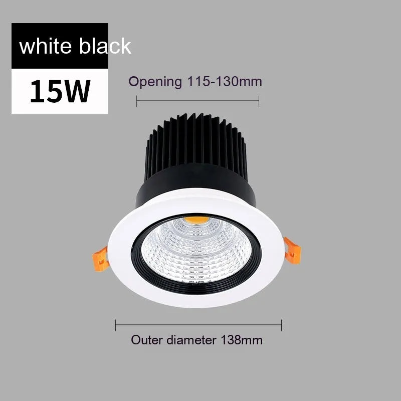 LED embedded ceiling spotlight with aluminium housing showing three colour temperature options and hole size measurements