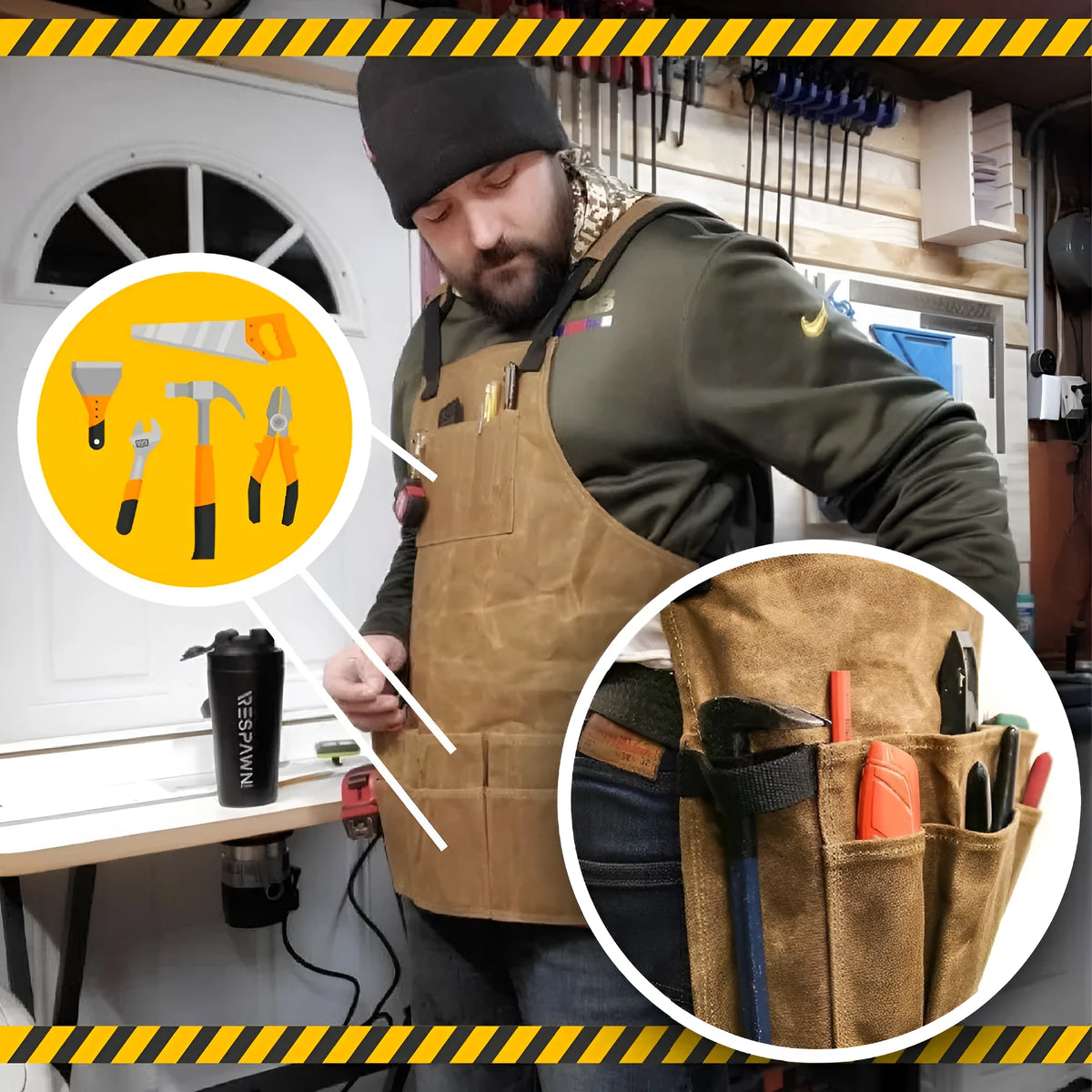 Yellow coated canvas leather webbing apron with adjustable straps for men and women, suitable for workshop and DIY tasks.