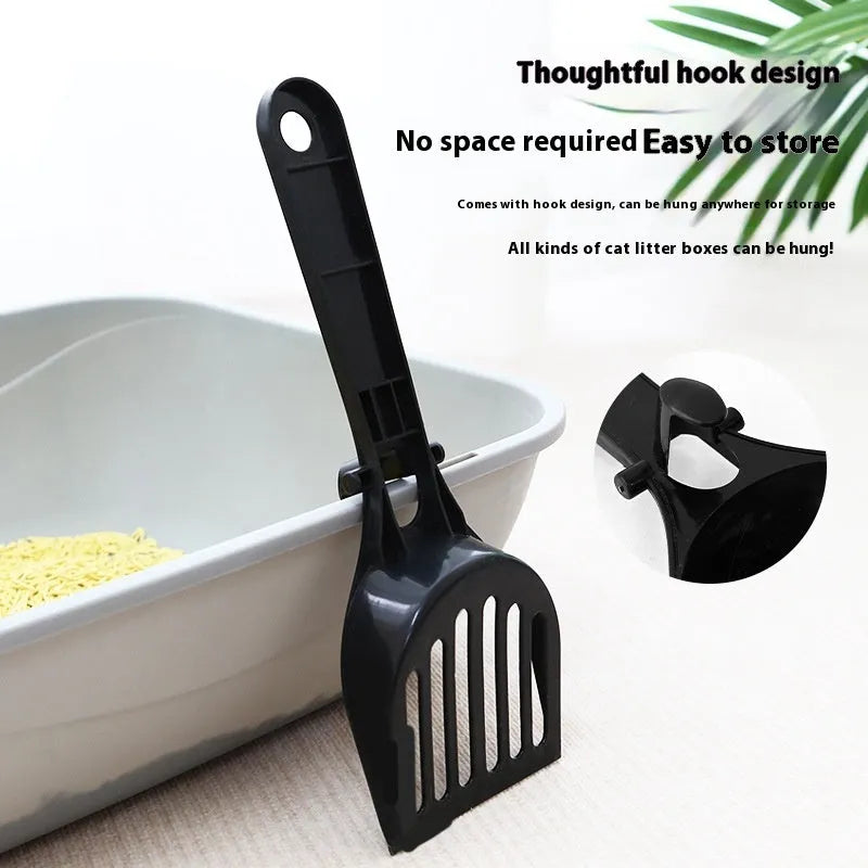 Black mesh cat litter scoop with lengthened handle and storage box, 28x10x3cm, plastic