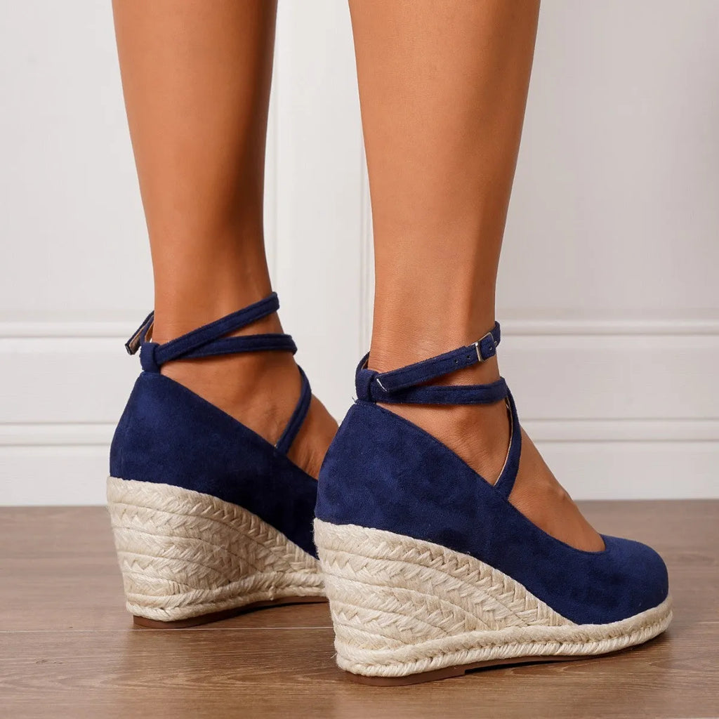 Dark blue suede straw woven wedge closed toe high heels with buckle and TPR sole, size 37