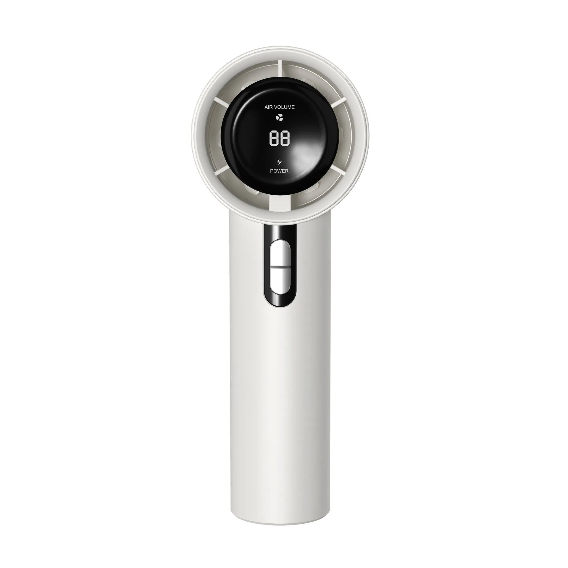 White portable handheld turbo fan with cooling function and display, shown on a table.