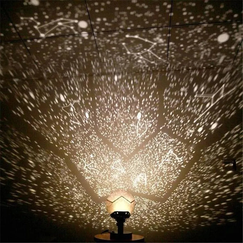 LED starry sky projector night lamp showing constellation projections on a bedroom ceiling with remote control