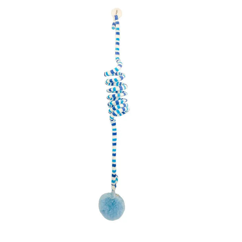 Spring cat toy with bell stick, inflatable ball, and suction cup mount in multiple colour options