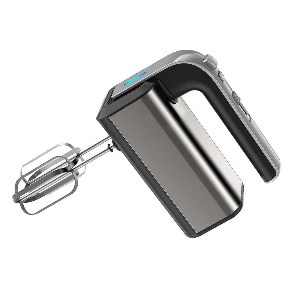 Silver handheld electric food whisk with stainless steel beaters and 5-speed control dial.