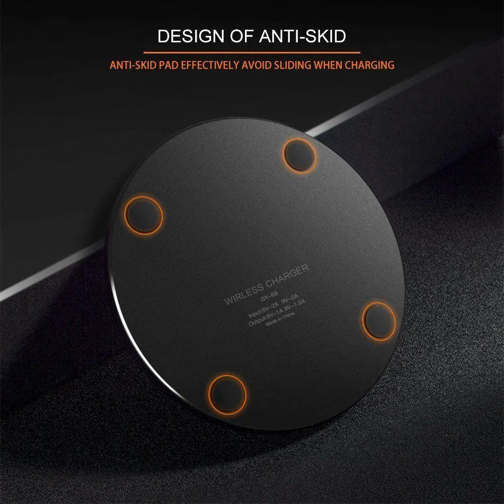 Ultra-thin black wireless charging base with 9V fast charging capability for QI devices