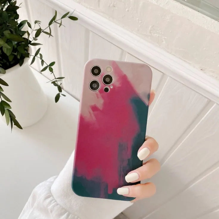 Soft silicone iPhone case with an oil painting gradient and abstract geometric pattern in purple.