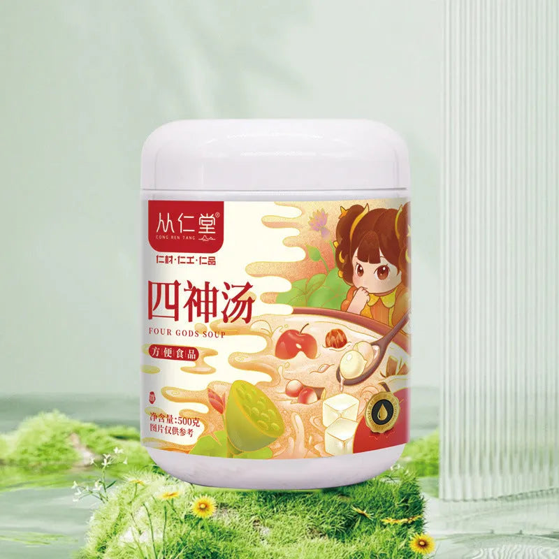 Box of children's spleen and stomach herbal tea showing twelve 100ml bags of traditional lotus seed, poria, and yam decoction.