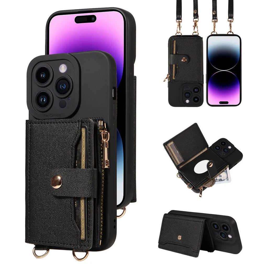 Classic faux leather phone case with fall protection strap for Apple iPhone, available in black and ivory white