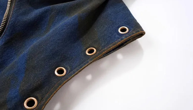 Blue denim-style hooded vest coat with matching trousers laid flat as a two-piece set.