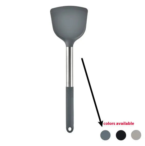 12-piece silicone kitchen utensil set in rotating storage bucket, including spatula, spoon, ladel, and egg beater on kitchen counter.
