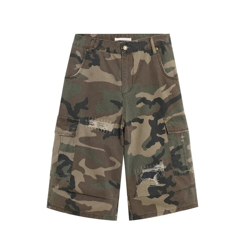 Men's camouflage cropped jeans with patch ripped detailing and straight leg cut