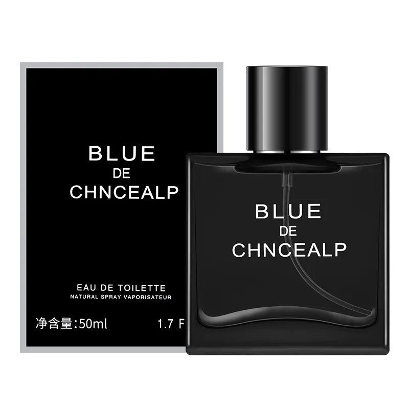 Men's perfume bottle in Black or Blue with woody sandalwood and cedar notes, available in 100ml, 50ml, and 30ml