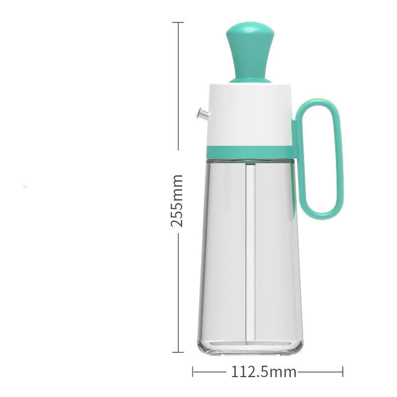 Transparent glass oil dispenser with silicone brush, stainless steel nozzle, in yellow, green, or brown.
