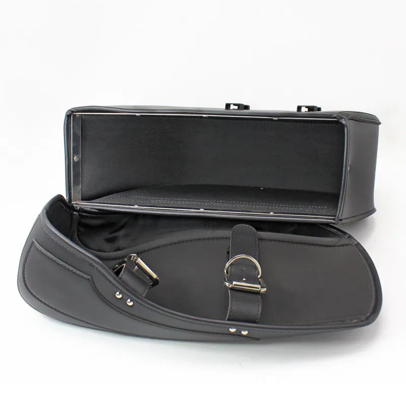 Black PU leather motorcycle saddle bag with retro design, shown mounted as a side box.
