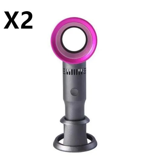 Compact portable bladeless desk fan with USB charging cable on a wooden desk