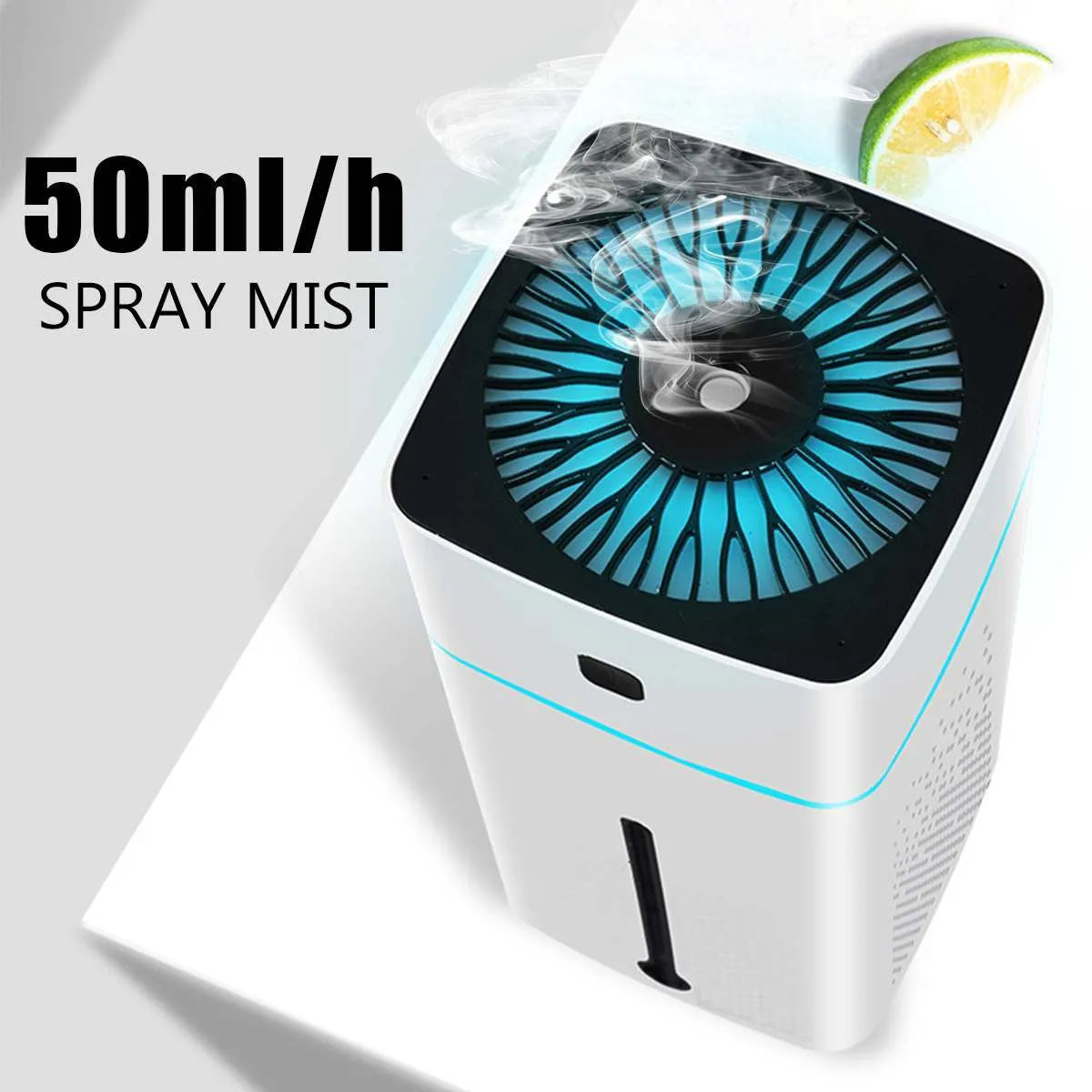 Black or white desktop USB humidifier with 1000ml water tank on a wooden desk.