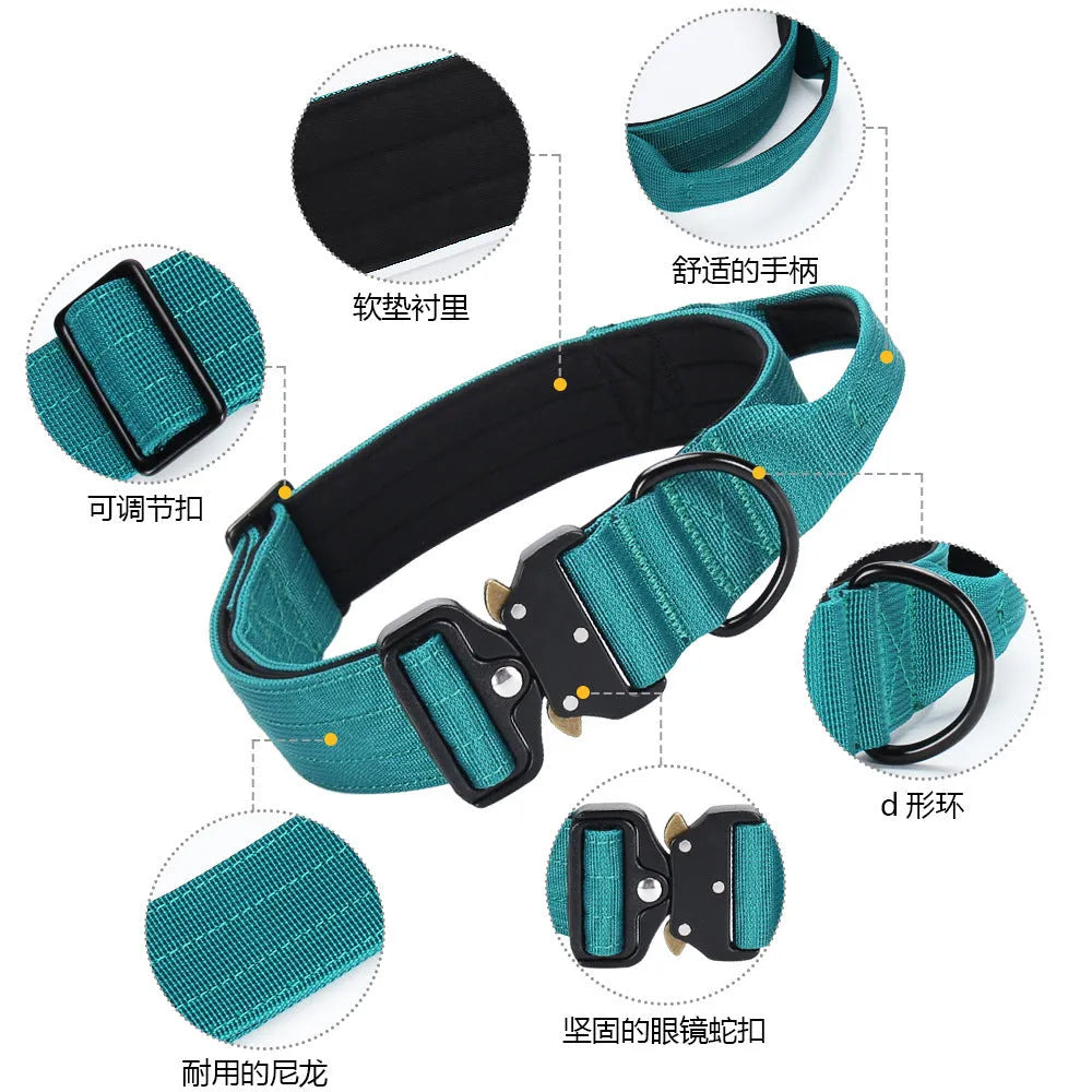 Nylon explosion-proof handle dog collar in black, 1.5-inch width, size M for neck 38-46cm