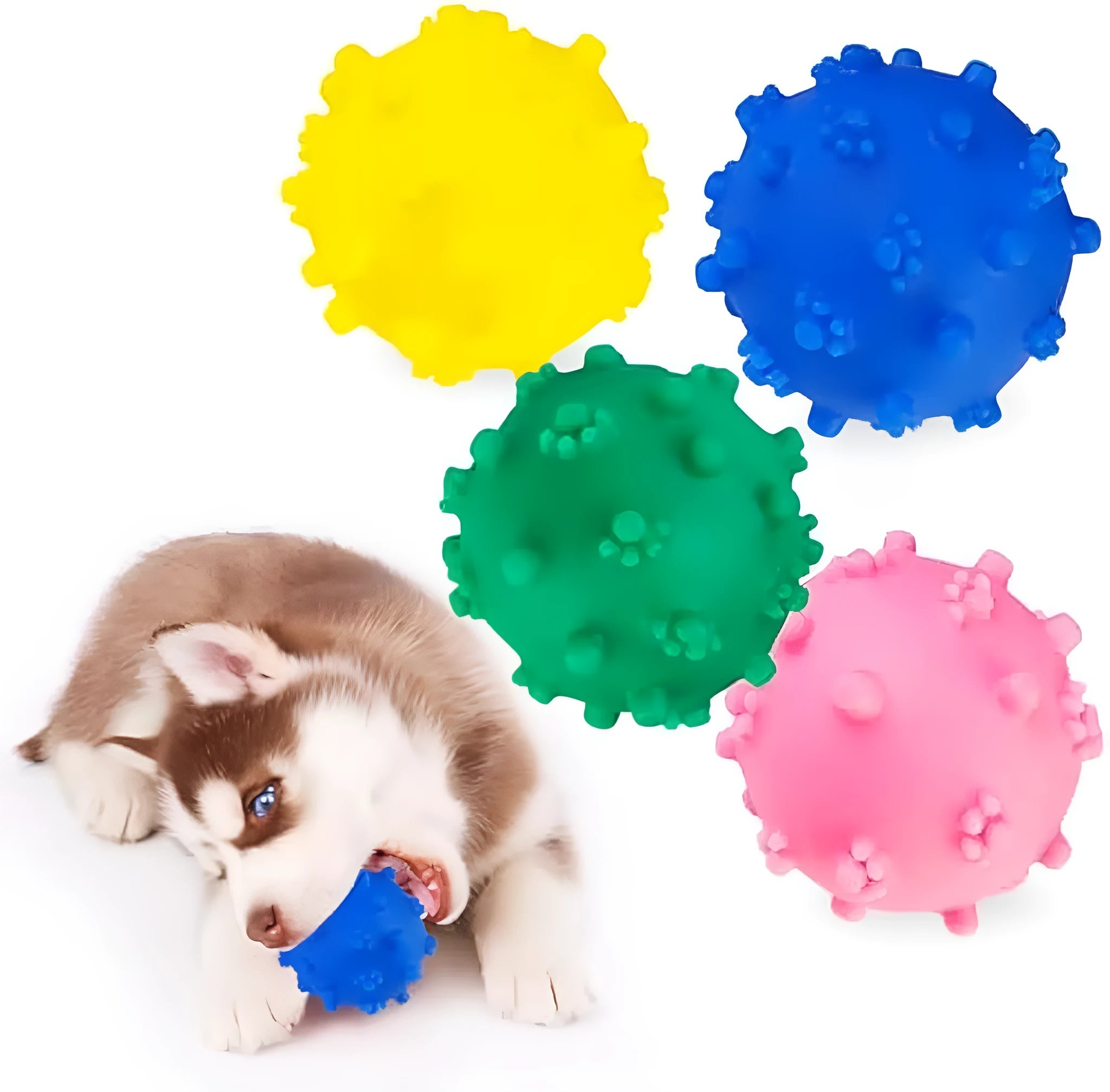 Set of four bright blue, green, pink, and yellow 2-inch squeaky dog toy balls with a textured, dimpled surface.