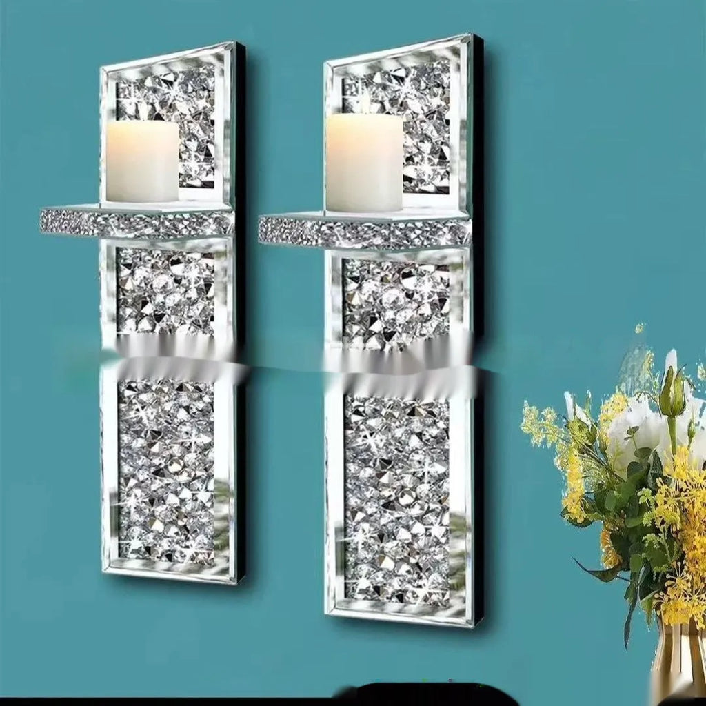Pair of silver mirror glass candlestick holders for wall mounting, modern minimalist style