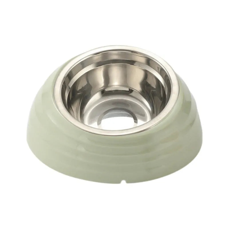 Stainless steel cat bowl in beige plastic base feeding station for pets
