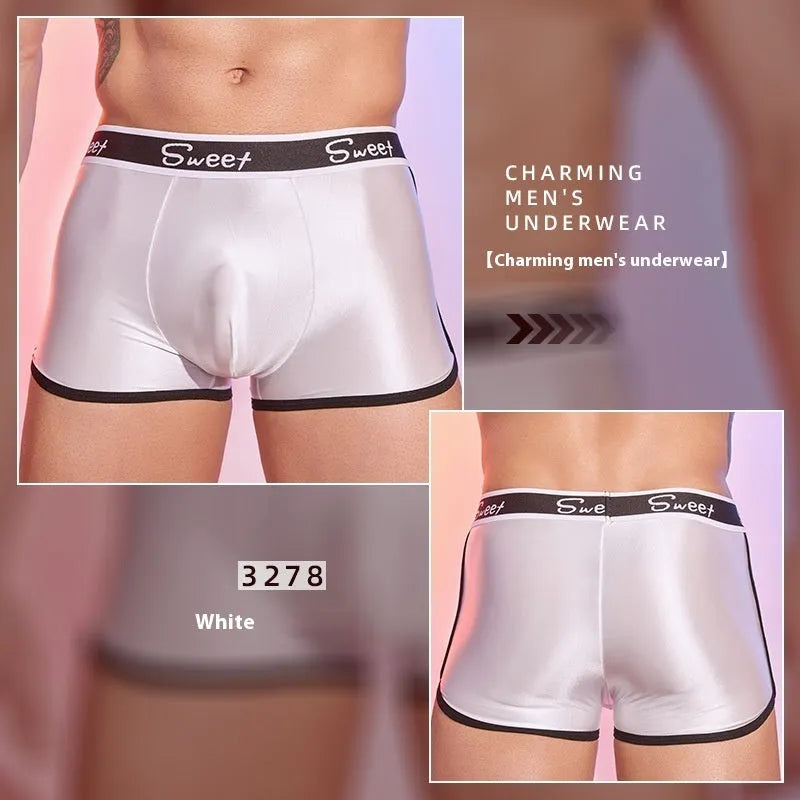 Men's silky shiny nylon boxer shorts in black, white and sapphire blue colours