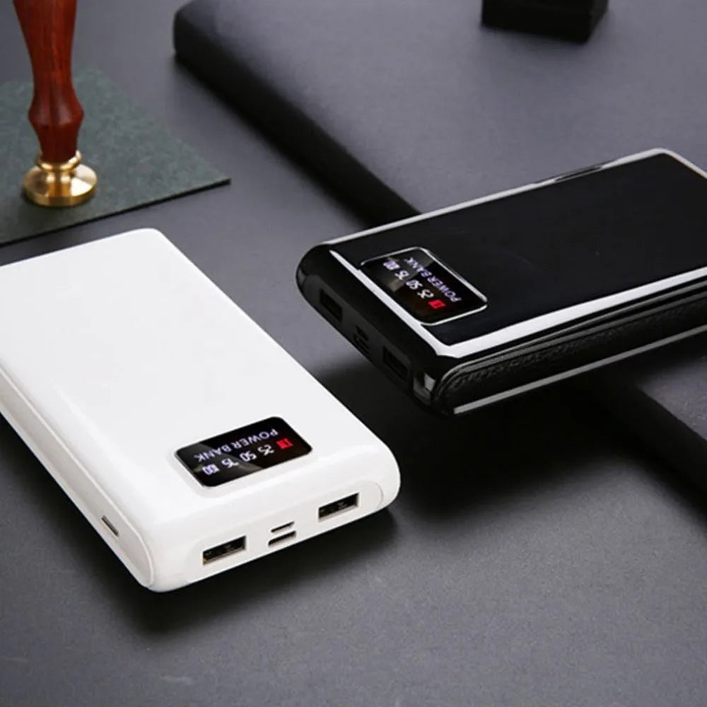 Black and white 18650 DIY power bank case showing battery slots and Type-C/Micro-USB ports.