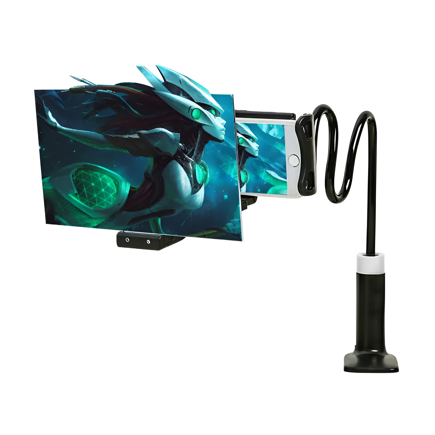 Black mobile phone screen amplifier with 12-inch acrylic display on adjustable folding bracket