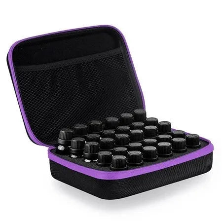 Red EVA essential oil storage bag with 30 compartments hanging on wall