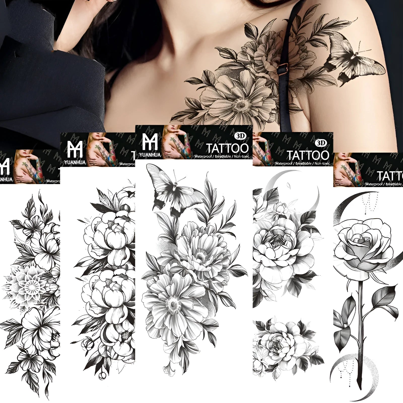 Plain flower tattoo sticker with geometry pattern using water transfer printing in multiple style options
