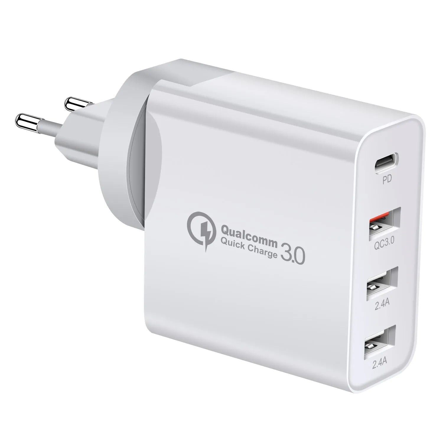 Black 48W USB C PD charger with four ports and a set of international plug adapters