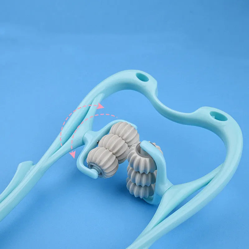 Pink or blue six-roller manual neck massager with jade scraping board, approx 35cm x 18cm