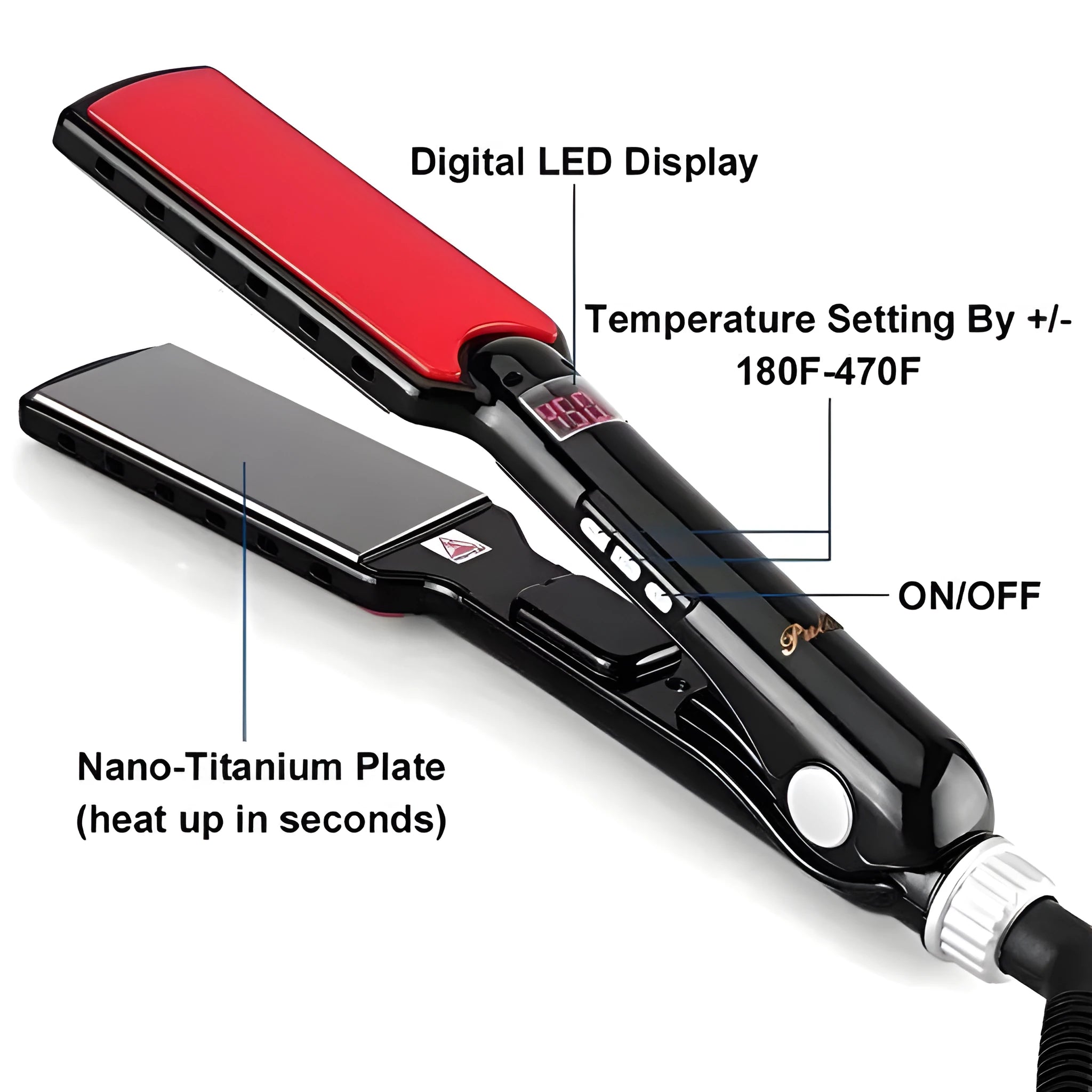 Black hair straightener with tourmaline ceramic plates and narrow 15mm heat conductor