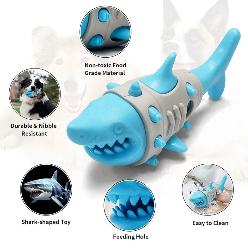 Blue textured dog chew toy shaped with ridges mimicking shark teeth for dental cleaning