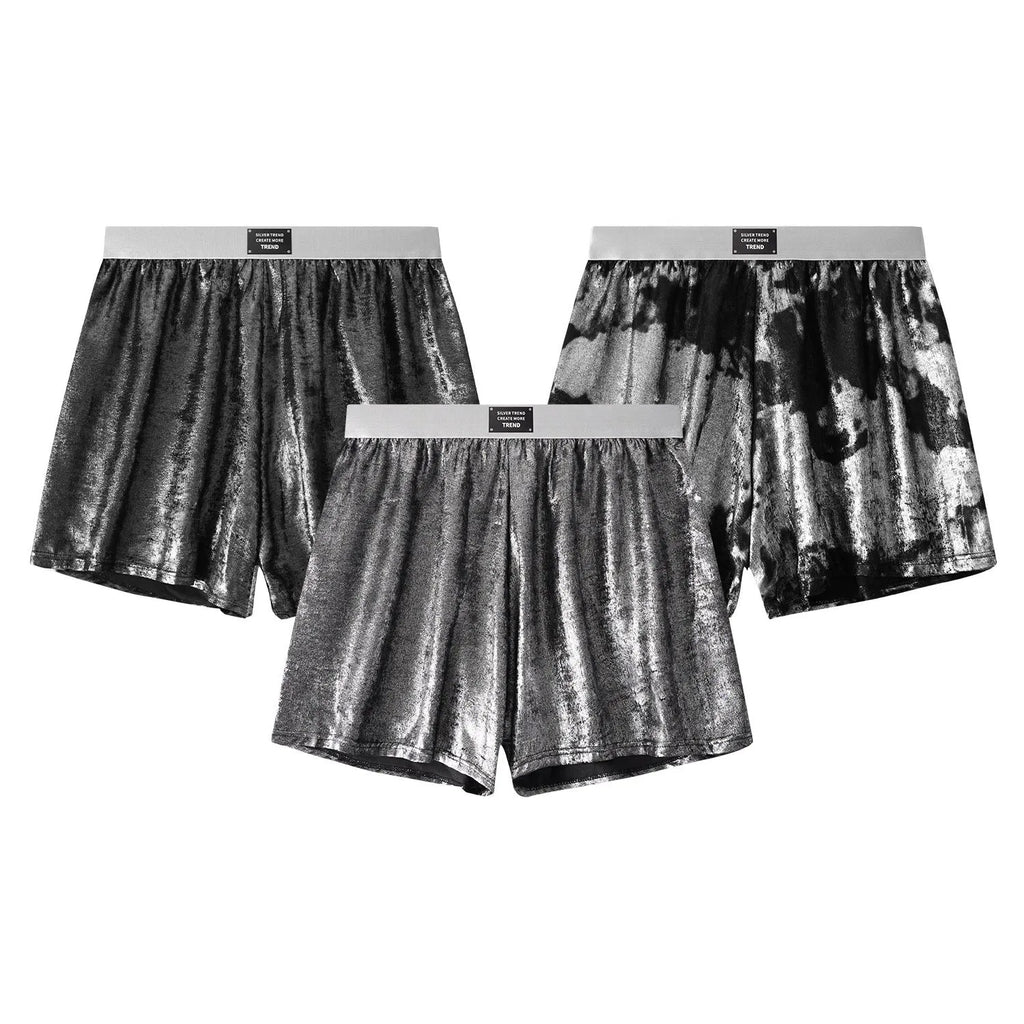Men's Galaxy Reflective Bright Silver woven polyester underwear in mid-waist loose fit showing four colour options