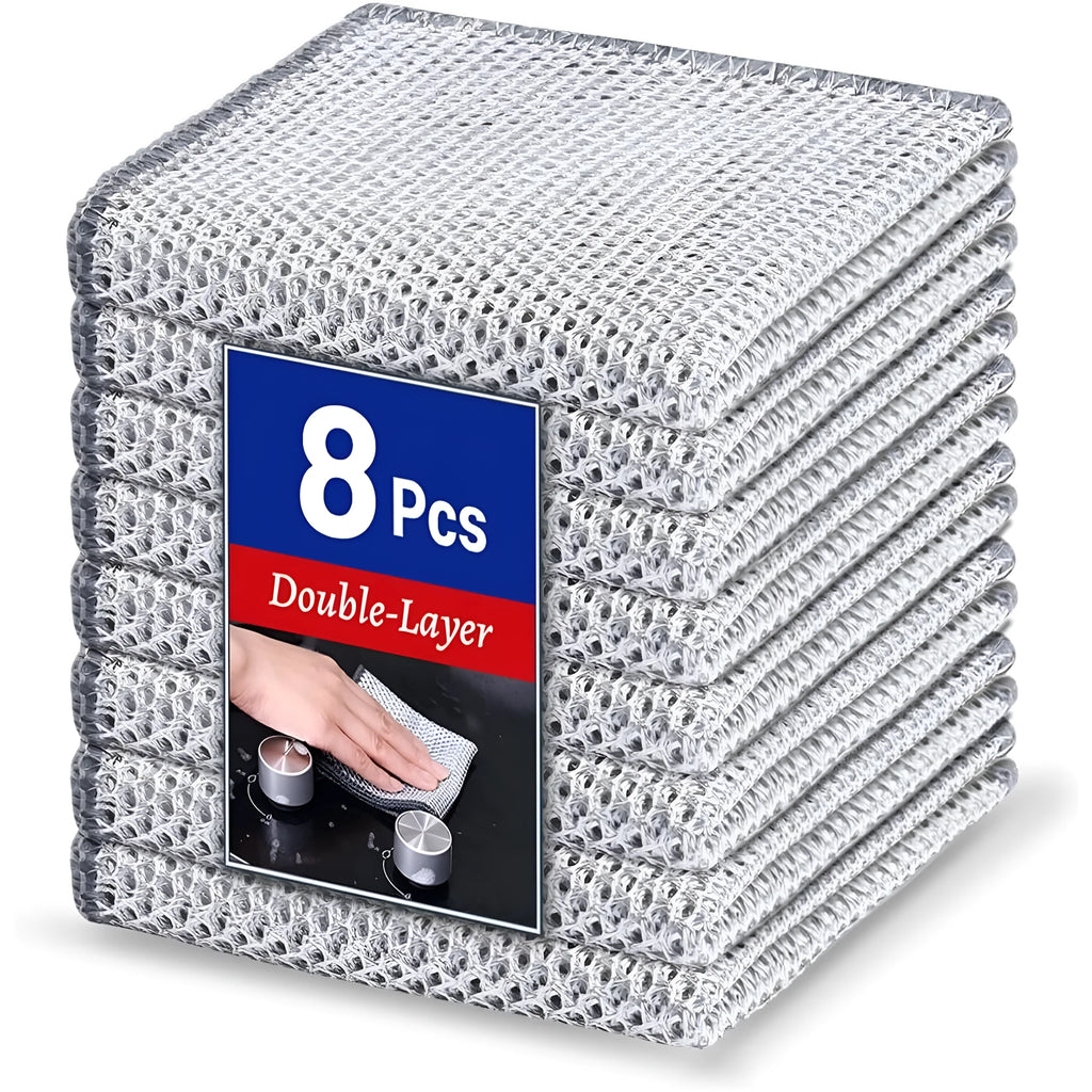 Silver silk and steel wire kitchen cleaning scrubber rag for pots and bowls.