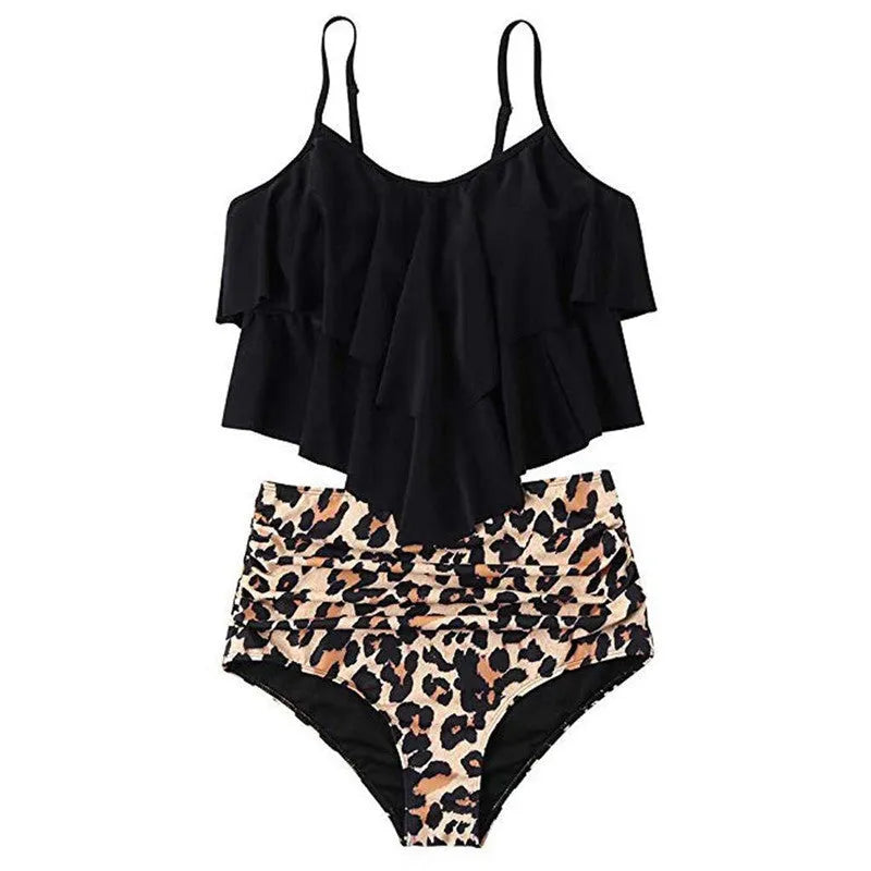 Ruffled bikini swimsuit in polyester, 82% fabric with 18% lining, available in Black, Green, Rose Red, sizes S-XL